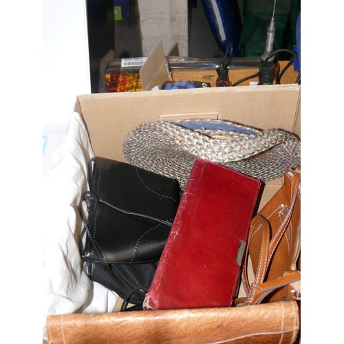 260 - BOX OF LADIES HAND BAGS INCLUDING LEATHER, STRAW. A LEATHER GLOVE & HANDKERCHIEF BAG