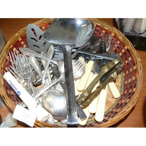 272 - BASKET OF CUTLERY INCLUDING VINTAGE LINCOLN IMP NUTCRACKERS