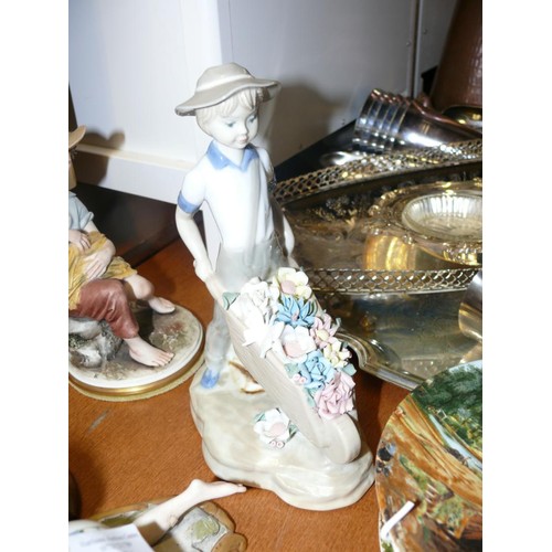 274 - CERAMICS INCLUDING 3 X GOOD QUALITY CAPODIMONTE FIGURES, BESWICK DOG, DENBY JUG - SOME CHIPS