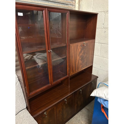 394 - DARK WOOD WALL UNIT WITH SHELVES & CUPBOARD