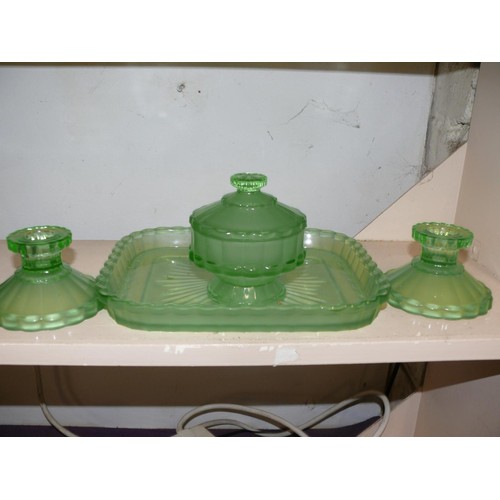 73 - 1940'S GREEN GLASS DRESSING TABLE SET WITH TRAY