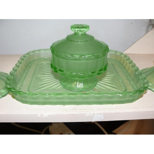 73 - 1940'S GREEN GLASS DRESSING TABLE SET WITH TRAY