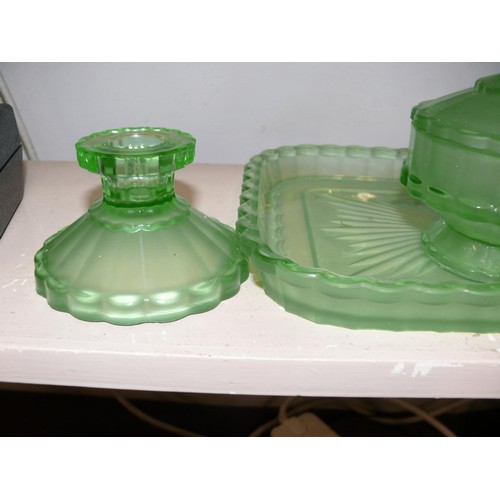 73 - 1940'S GREEN GLASS DRESSING TABLE SET WITH TRAY