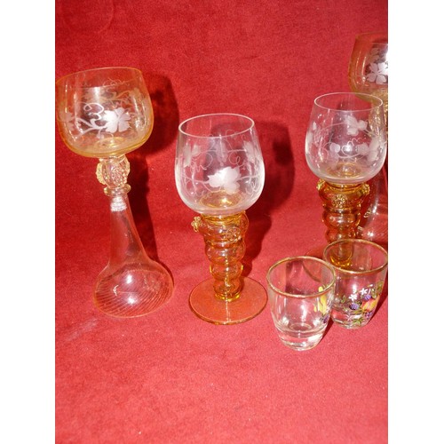 105 - 4 X FINE QUALITY GERMAN HOCK GLASSES  (2 PLUS 2) WITH ENGRAVING OF FRUITING VINES