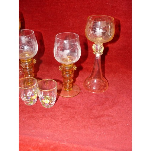 105 - 4 X FINE QUALITY GERMAN HOCK GLASSES  (2 PLUS 2) WITH ENGRAVING OF FRUITING VINES