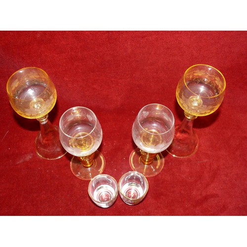 105 - 4 X FINE QUALITY GERMAN HOCK GLASSES  (2 PLUS 2) WITH ENGRAVING OF FRUITING VINES