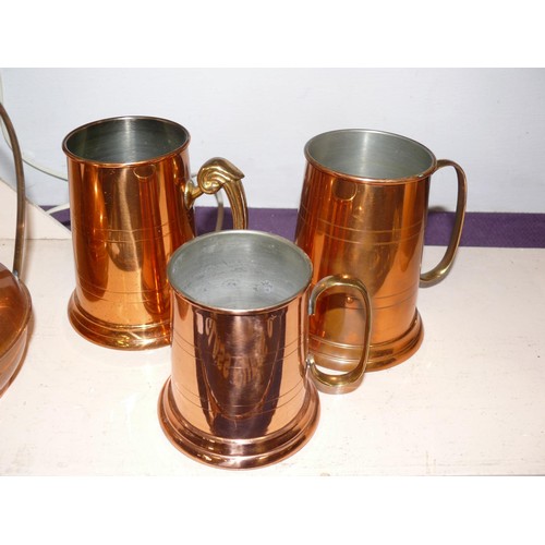 72 - 3 X COPPER TANKARDS AND A COPPER VASE