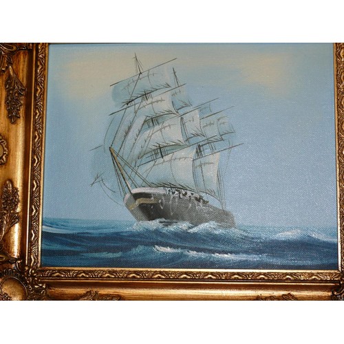 120 - OIL PAINTING ON BOARD OF A GALLEON IN FULL SAIL