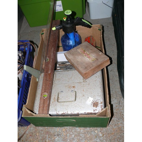 154 - BOX WITH CONTENTS OF OLD TOOLS, SPANNERS, SPIRIT LEVEL METAL STRONG BOX ETC