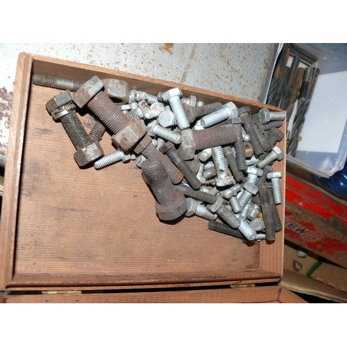 154 - BOX WITH CONTENTS OF OLD TOOLS, SPANNERS, SPIRIT LEVEL METAL STRONG BOX ETC