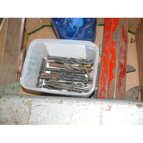 154 - BOX WITH CONTENTS OF OLD TOOLS, SPANNERS, SPIRIT LEVEL METAL STRONG BOX ETC