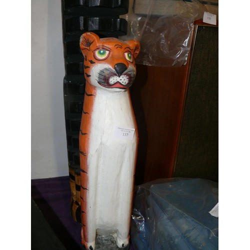 137 - LARGE CARVED AND PAINTED CAT CD STAND AND A SIMILAR CAT FIGURE