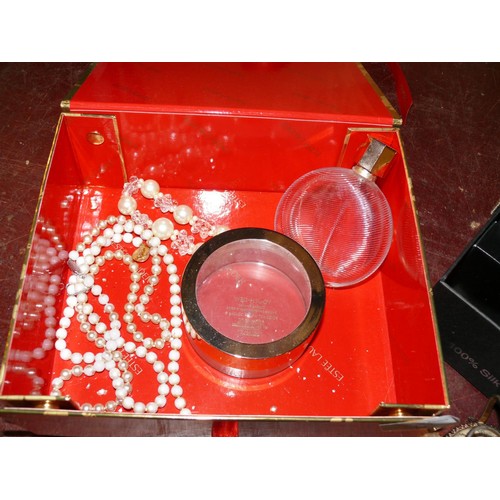 174 - DECORATIVE GOLD BOX WITH CONTENTS OF JEWELLERY BOX, JEWELLERY SCENT BOTTLE CUFFLINKS