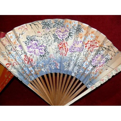 64 - 4 X VINTAGE FANS OF WHICH 2 ARE ORIENTAL WITH HANDPAINTED DESIGN, ONE B.O.A.C AND ONE SPANISH FLAMEN... 