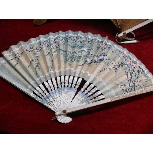 64 - 4 X VINTAGE FANS OF WHICH 2 ARE ORIENTAL WITH HANDPAINTED DESIGN, ONE B.O.A.C AND ONE SPANISH FLAMEN... 