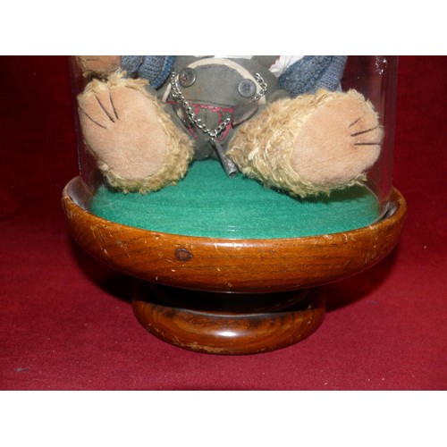 68 - VINTAGE TEDDY BEAR IN TYROLEAN CLOTHES UNDER A GLASS ACORN DISPLAY DOME ON OAK STAND