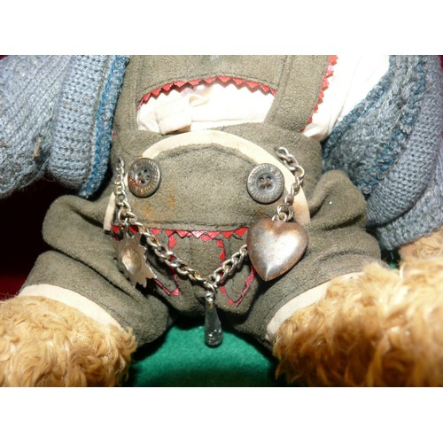 68 - VINTAGE TEDDY BEAR IN TYROLEAN CLOTHES UNDER A GLASS ACORN DISPLAY DOME ON OAK STAND