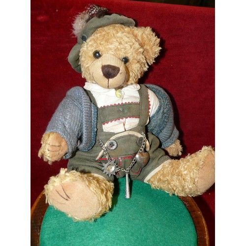 68 - VINTAGE TEDDY BEAR IN TYROLEAN CLOTHES UNDER A GLASS ACORN DISPLAY DOME ON OAK STAND