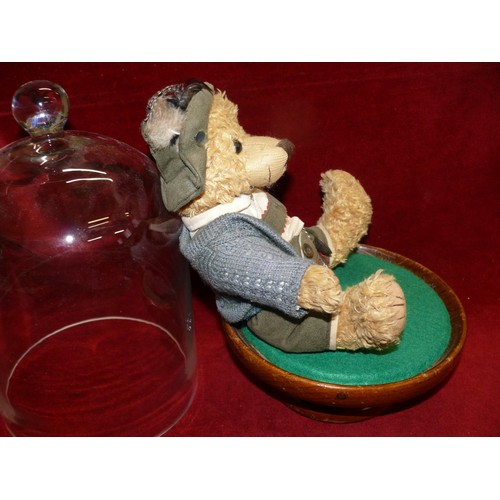 68 - VINTAGE TEDDY BEAR IN TYROLEAN CLOTHES UNDER A GLASS ACORN DISPLAY DOME ON OAK STAND