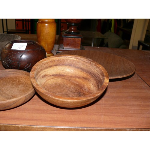 198 - SELECTION OF TREEN INCLUDING AFRICAN HARD WOOD BOWL, WALL MASK, TABLE LAMP ETC