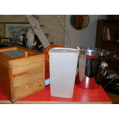 199 - SELECTION OF RETRO KITCHENALIA - ICE BUCKET, MEASURE, WOODEN FOOD SAFE WITH MESH TOP ETC