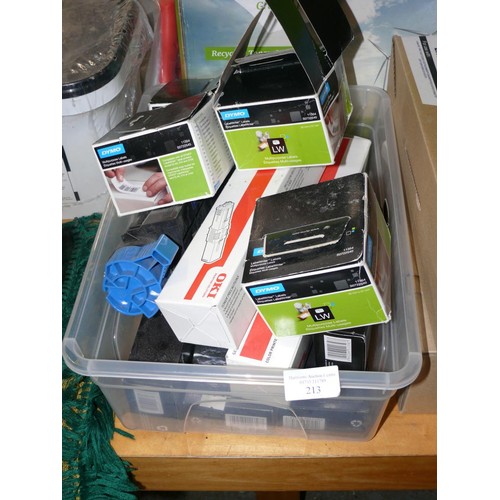 213 - RECYCELTE TONER CARTRIDGE IN BOX TOGETHER WITH A BOX CONTAINING MULTIPURPOSE LABELS, INK CARTRIDGES ... 