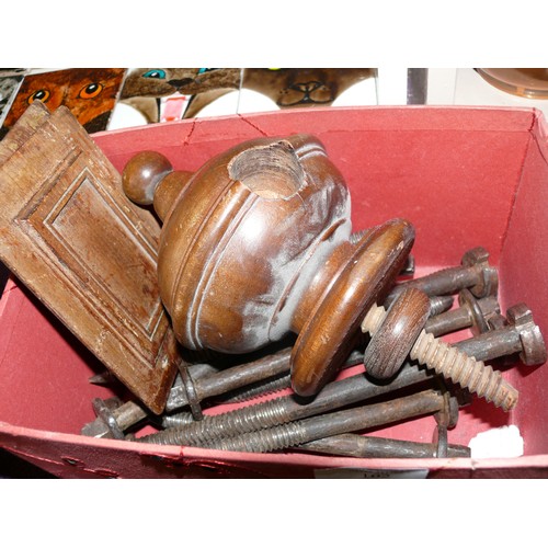 102 - ANTIQUE RESTORATION LOT INC TURNED WOODEN FINIALS, 2 X ANTIQUE WOODEN PANELS AND 12 X FURNITURE BOLT... 