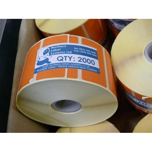 225 - BOX OF ORANGE STICKY LABELS - 10 X REELS EACH WITH 2000 LABELS