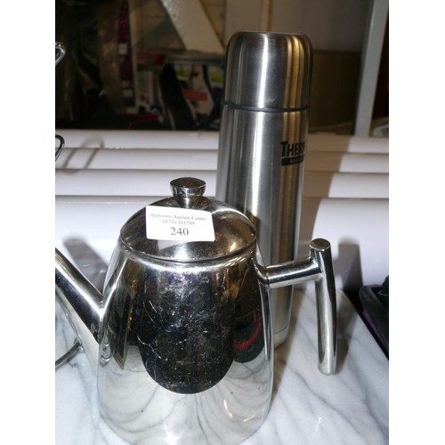 240 - MIXED LOT TO INCLUDE MARBLE KITCHEN SLAB, MUG TREE, STAINLESS STEEL THERMOS FLASK, TEAPOT, SMALL CAR... 