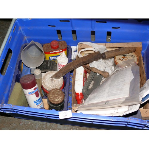 244 - BLUE CRATE WITH CONTENTS OF TOOLS AND CAR MAINTENANCE ITEMS