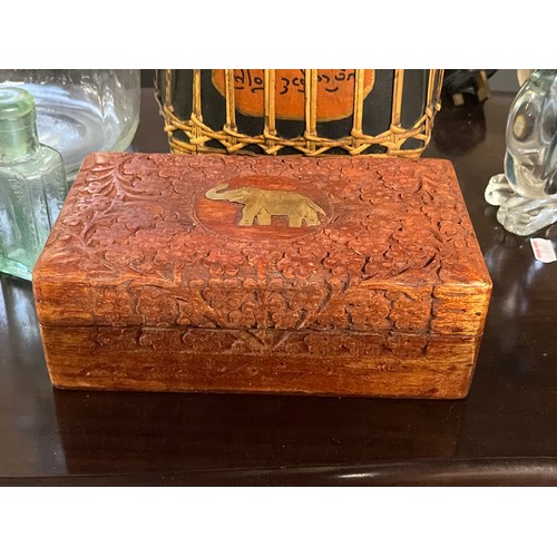 266 - 3 GRADUATING CARVED WOODEN BOXES WITH BRASS ELEPHANT DESIGN