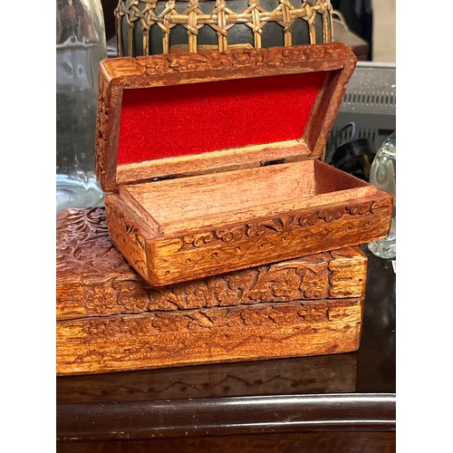 266 - 3 GRADUATING CARVED WOODEN BOXES WITH BRASS ELEPHANT DESIGN