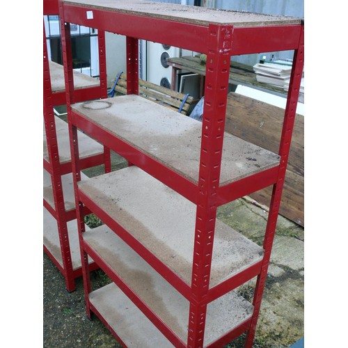 317 - RED METAL 5 WOOD SHELVES ADJUSTABLE RACKING SLOT TOGETHER SYSTEM, EASY TO DISMANTLE FOR TRANSPORT