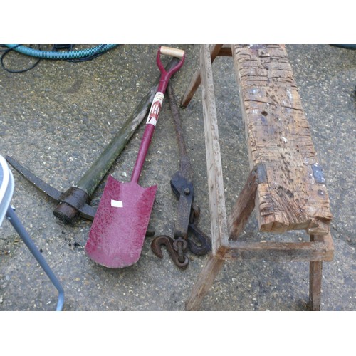 327 - PICK AXE, CHAIN PULLER, FAITHFUL AND  GRAFTING SHOVEL AND WOODEN SAW HORSE