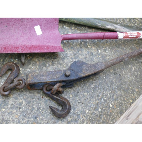 327 - PICK AXE, CHAIN PULLER, FAITHFUL AND  GRAFTING SHOVEL AND WOODEN SAW HORSE