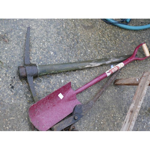 327 - PICK AXE, CHAIN PULLER, FAITHFUL AND  GRAFTING SHOVEL AND WOODEN SAW HORSE