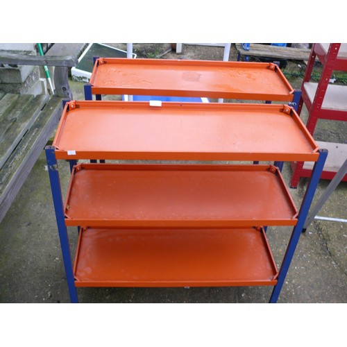 314 - 2 METAL GARAGE SHED RACKS, 3 ORANGE SHELVES PER RACK