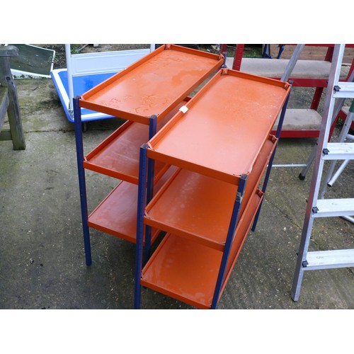 314 - 2 METAL GARAGE SHED RACKS, 3 ORANGE SHELVES PER RACK