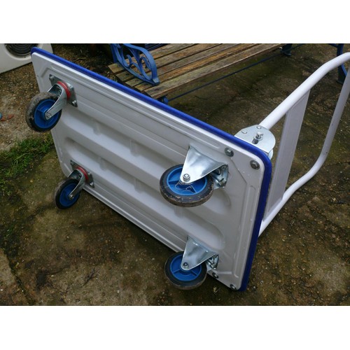 315 - MOVING DOLLY ON CASTERS, 300KGS WEIGHT CAPACITY WITH A FOLD FLAT HANDLE IN BLUE AND WHITE