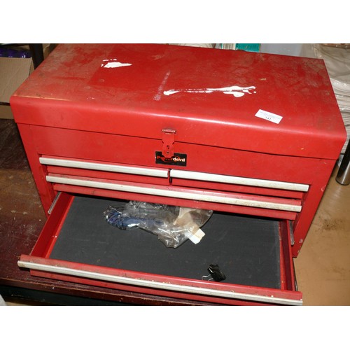 341 - LARGE RED METAL POWER DEVIL TOOLBOX WITH LIFT UP LID AND DRAWERS