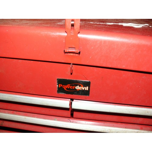 341 - LARGE RED METAL POWER DEVIL TOOLBOX WITH LIFT UP LID AND DRAWERS