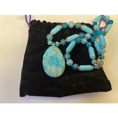 43 - AN ETHNIC STYLE NECKLACE WITH LARIMAR PALM STONE MURANO GLASS BEADS VERY EXPENSIVE WHEN NEW