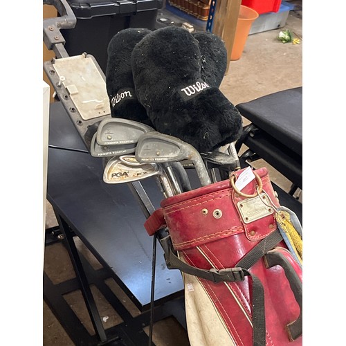 402 - SLAZENGER GOLF BAG TROLLEY AND CONTENTS OF GOLF CLUBS