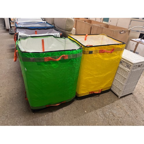 408 - 2 LARGE STORAGE BAGS IN YELLOW AND GREEN FOLD FLAT FOR STORAGE 80CM HIGH AND 57CM X 46CM