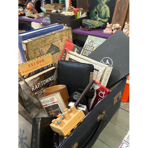 224A - VINTAGE SUITCASE OF MIXED ITEMS TO INCLUDE GIFT SETS, CAMERAS, KNITTING PATTERNS, BUS FIRST DAY COVE... 