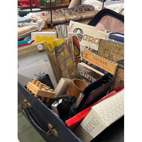 224A - VINTAGE SUITCASE OF MIXED ITEMS TO INCLUDE GIFT SETS, CAMERAS, KNITTING PATTERNS, BUS FIRST DAY COVE... 