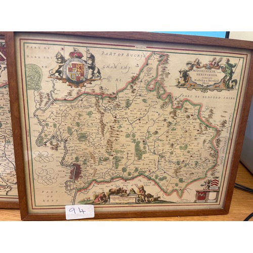 94 - 2 OLD MAPS ETCHING AND HAND TINTING  MAPS OF SUFFOLCIA (SUFFOLK) AND MIDDELSEXIA HEARFORDINA
BOTH FR... 