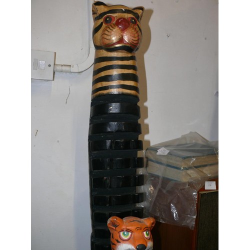 137 - LARGE CARVED AND PAINTED CAT CD STAND AND A SIMILAR CAT FIGURE