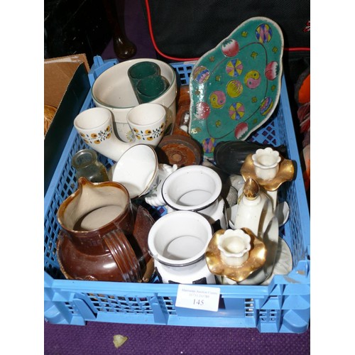 145 - BOX OF MIXED VINTAGE CERAMICS INCLUDING CHINESE PORCELAIN DISH WITH YIN & YANG DESIGN, DOULTON LAMBE... 