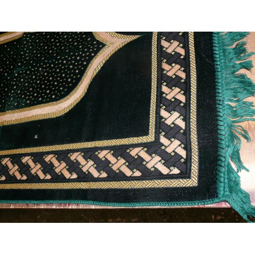 215 - ISLAMIC PRAYER RUG IN GREEN VELVET TYPE FABRIC